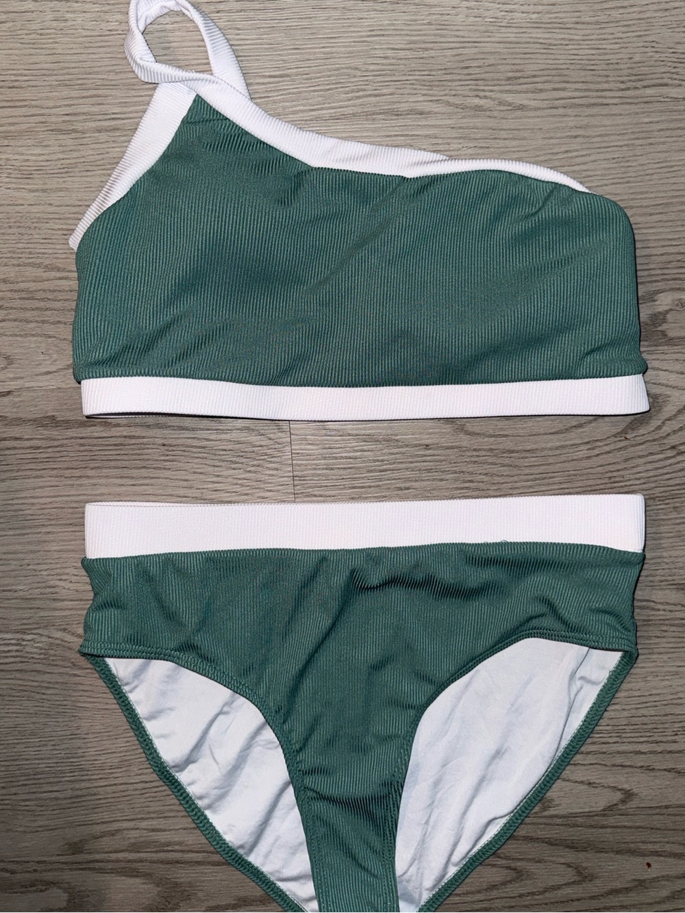 Green and White One-Shoulder Bikini Set
